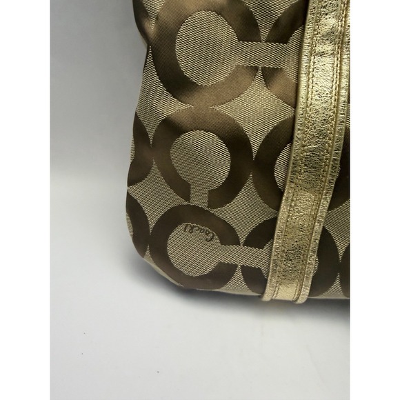 COACH Poppy Op Art Glam Gold Khaki Tote Bag Blue Teal Liner Signature C - Picture 3 of 12